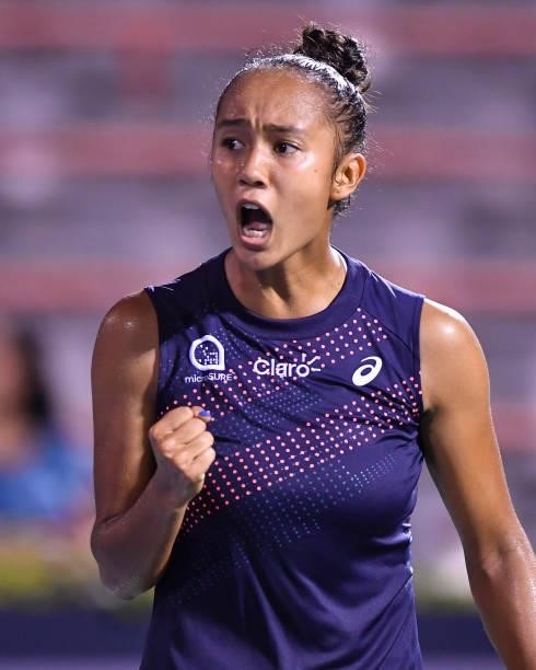 Leylah Fernandez of Canada reacts during her Womens Singles first round match against Harriet Dart of Great Britain on Day One of the National Bank...