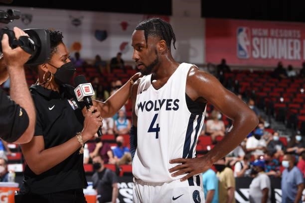 Reporter, Monica McNutt talks to Jaylen Nowell of the Minnesota Timberwolves during the 2021 Las Vegas Summer League on August 9, 2021 at the Cox...