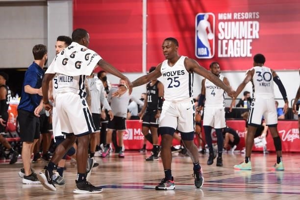 McKinley Wright IV of the Minnesota Timberwolves celebrates after the game against the San Antonio Spurs during the 2021 Las Vegas Summer League on...