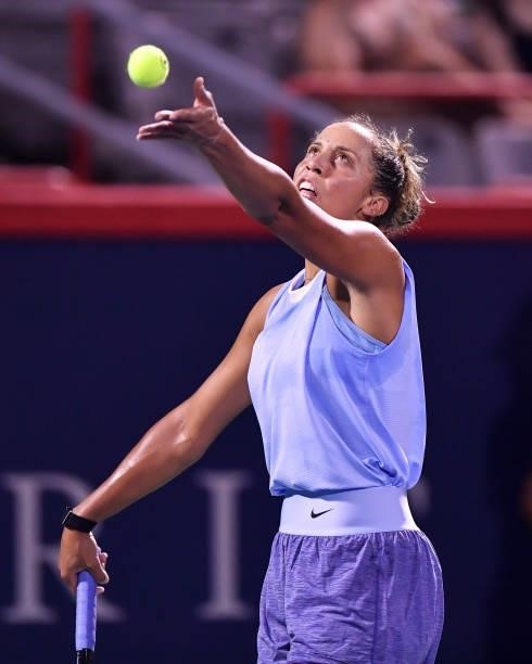 Madison Keys of the United States serves during her Womens Singles first round match against Rebecca Marino of Canada on Day One of the National Bank...