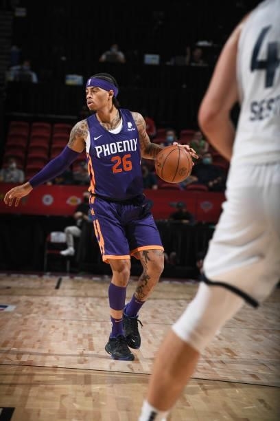 Nate Mason of the Phoenix Suns dribbles during the game against the Utah Jazz during the 2021 Las Vegas Summer League on August 9, 2021 at the Thomas...