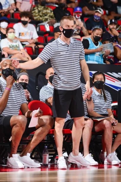Summer League Coach Patrick St. Andrew of the Milwaukee Bucks looks on during the 2021 Las Vegas Summer League on August 9, 2021 at the Cox Pavilion...