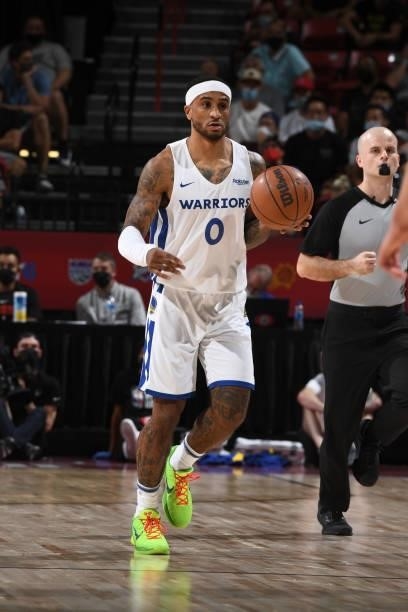 Gary Payton II of the Golden State Warriors handles the ball against the Orlando Magic during the 2021 Las Vegas Summer League on August 9, 2021 at...