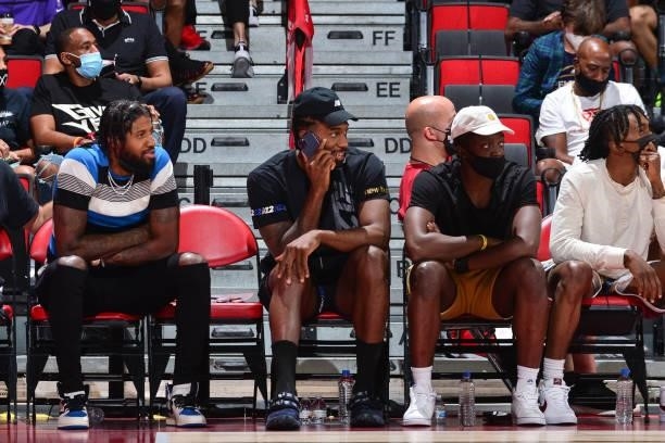 Paul George, Kawhi Leonard, Reggie Jackson, and Terance Mann of the LA Clippers look on during the 2021 Las Vegas Summer League on August 9, 2021 at...