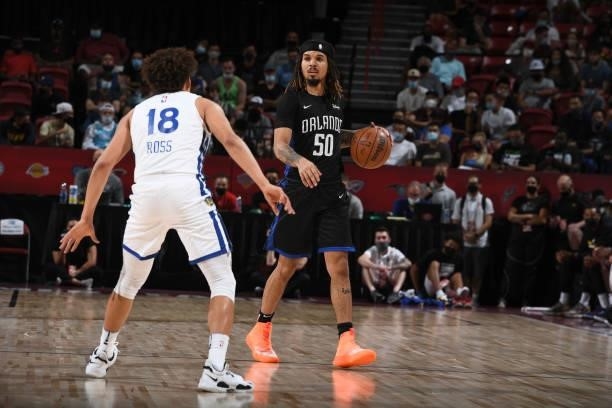 Cole Anthony of the Orlando Magic handles the ball the game against the Golden State Warriors during the 2021 Las Vegas Summer League on August 9,...
