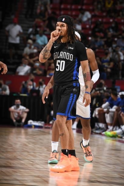 Cole Anthony of the Orlando Magic looks on during the game against the Golden State Warriors during the 2021 Las Vegas Summer League on August 9,...