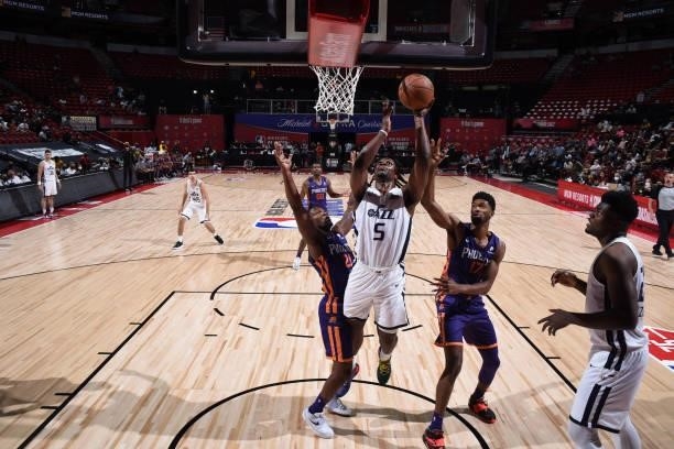 Jarrell Brantley of the Utah Jazz drives to the basket during the game against the Phoenix Suns during the 2021 Las Vegas Summer League on August 9,...