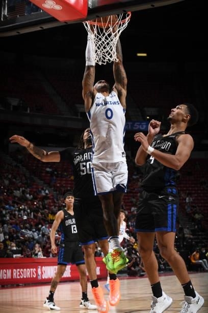 Gary Payton II of the Golden State Warriors dunks the ball against the Orlando Magic during the 2021 Las Vegas Summer League on August 9, 2021 at the...