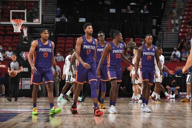 The Phoenix Suns walk on during the game against the Utah Jazz White during the 2021 Las Vegas Summer League on August 9, 2021 at the Thomas & Mack...