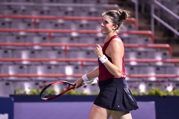 Rebecca Marino of Canada celebrates after defeating Madison Keys of the United States 6-3, 6-3 during her Womens Singles first round match on Day One...