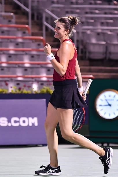 Rebecca Marino of Canada celebrates after defeating Madison Keys of the United States 6-3, 6-3 during her Womens Singles first round match on Day One...