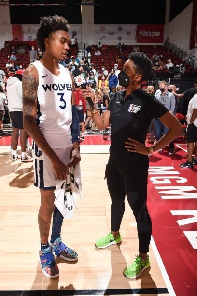 Reporter, Monica McNutt interviews Jaden McDaniels of the Minnesota Timberwolves after the game against the San Antonio Spurs during the 2021 Las...