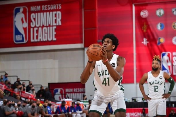 Paul Eboua of the Milwaukee Bucks shoots a free throw against the LA Clippers during the 2021 Las Vegas Summer League on August 9, 2021 at the Cox...