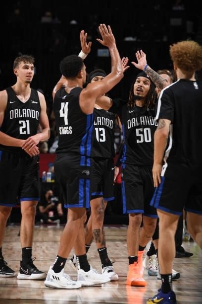 Jalen Suggs and Cole Anthony of the Orlando Magic high five during the game against the Golden State Warriors during the 2021 Las Vegas Summer League...