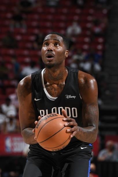 Jeremiah Tilmon of the Orlando Magic shoots the ball against the Golden State Warriors during the 2021 Las Vegas Summer League on August 9, 2021 at...