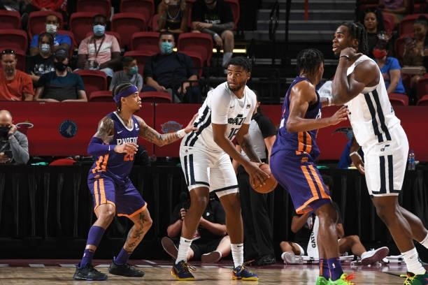 Juwan Morgan of the Utah Jazz White looks to pass during the game against the Phoenix Suns during the 2021 Las Vegas Summer League on August 9, 2021...