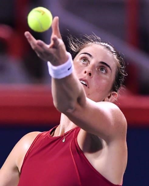 Rebecca Marino of Canada serves during her Womens Singles first round match against Madison Keys of the United States on Day One of the National Bank...