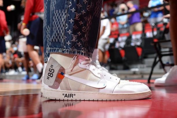 The sneakers worn by Karl-Anthony Towns of the Minnesota Timberwolves during the 2021 Las Vegas Summer League on August 9, 2021 at the Cox Pavilion...