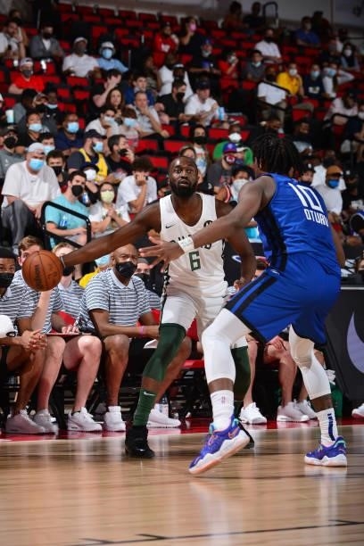 Theo Pinson of the Milwaukee Bucks dribbles the ball against the LA Clippers during the 2021 Las Vegas Summer League on August 9, 2021 at the Cox...