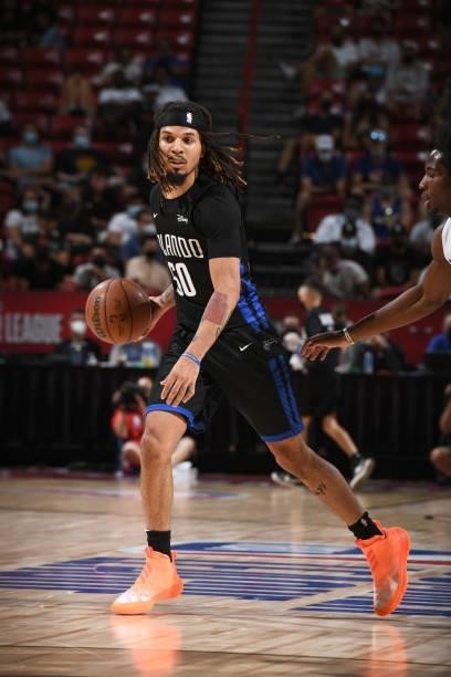 Cole Anthony of the Orlando Magic handles the ball the game against the Golden State Warriors during the 2021 Las Vegas Summer League on August 9,...