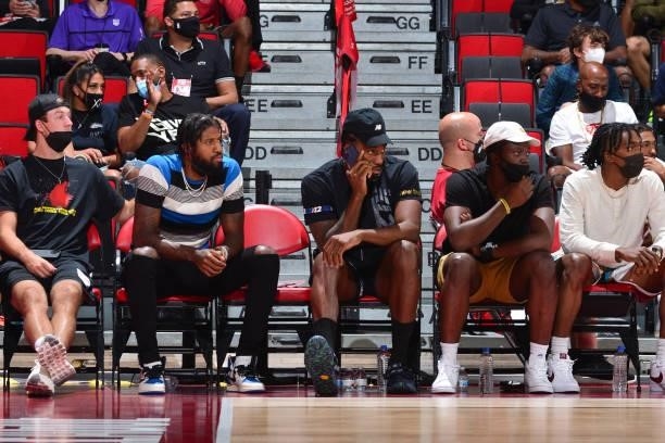 Luke Kennard, Paul George, Kawhi Leonard, Reggie Jackson, and Terance Mann of the LA Clippers look on during the 2021 Las Vegas Summer League on...