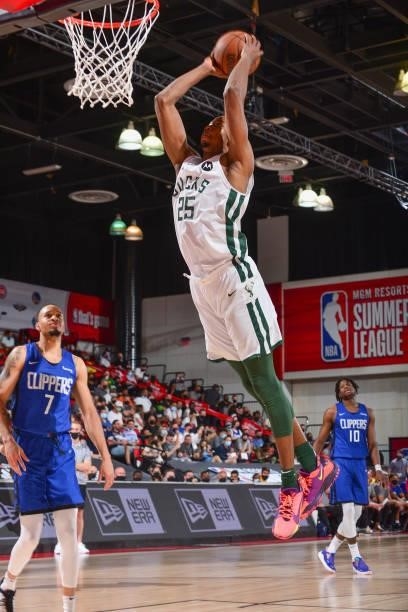 Mamadi Diakite of the Milwaukee Bucks dunks the ball against the LA Clippers during the 2021 Las Vegas Summer League on August 9, 2021 at the Cox...