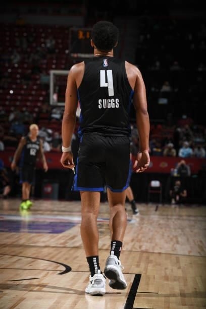 Jalen Suggs of the Orlando Magic looks on against the Golden State Warriors during the 2021 Las Vegas Summer League on August 9, 2021 at the Thomas &...