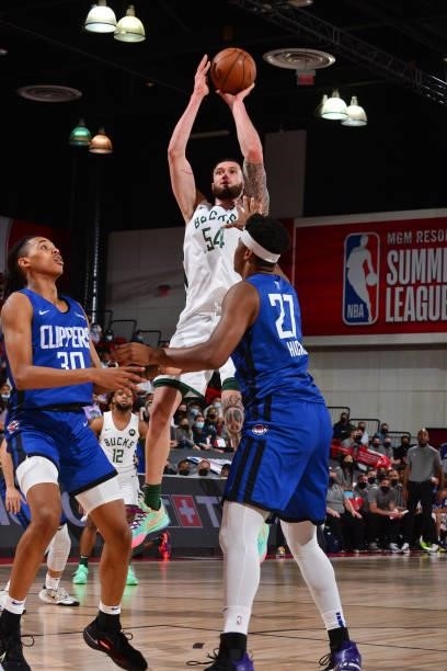 Sandro Mamukelashvili of the Milwaukee Bucks shoots the ball against the LA Clippers during the 2021 Las Vegas Summer League on August 9, 2021 at the...