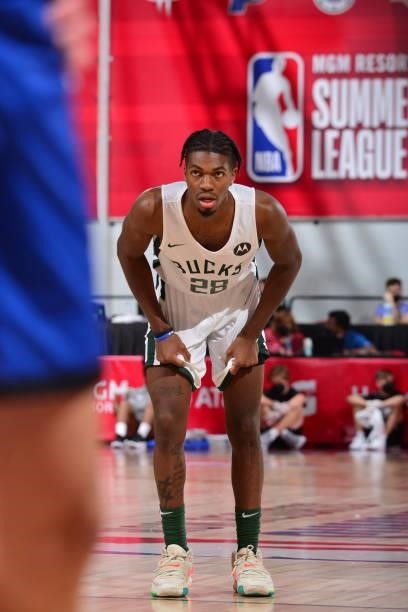 Brandon Randolph of the Milwaukee Bucks looks on against the LA Clippers during the 2021 Las Vegas Summer League on August 9, 2021 at the Cox...