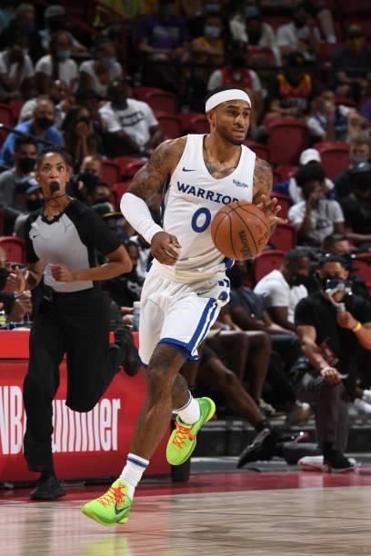 Gary Payton II of the Golden State Warriors handles the ball against the Orlando Magic during the 2021 Las Vegas Summer League on August 9, 2021 at...