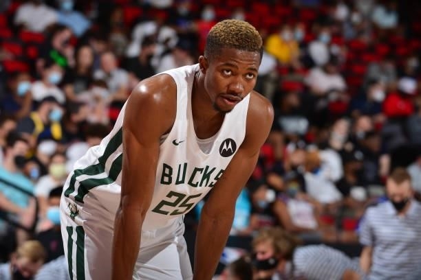 Mamadi Diakite of the Milwaukee Bucks looks on against the LA Clippers during the 2021 Las Vegas Summer League on August 9, 2021 at the Cox Pavilion...