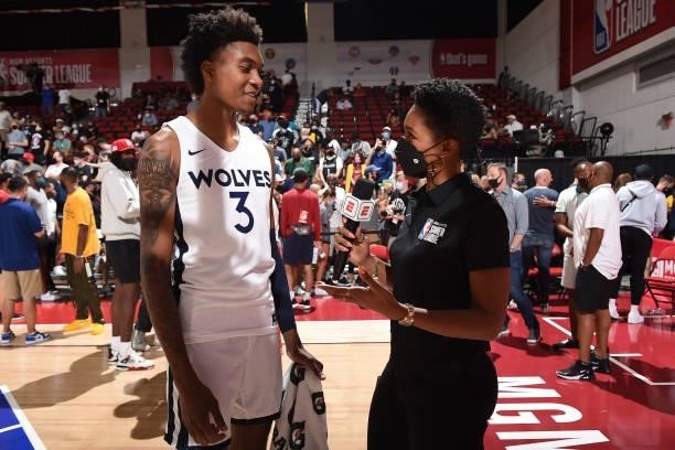 Reporter, Monica McNutt interviews Jaden McDaniels of the Minnesota Timberwolves after the game against the San Antonio Spurs during the 2021 Las...