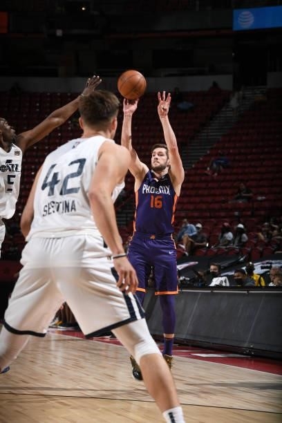 Jon Axel Gudmundsson of the Phoenix Suns shoots the ball during the game against the Utah Jazz during the 2021 Las Vegas Summer League on August 9,...