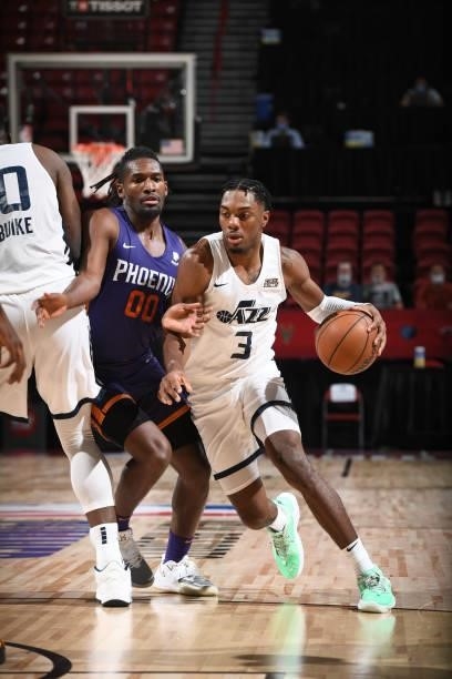 Trent Forrest of the Utah Jazz dribbles during the game against the Phoenix Suns during the 2021 Las Vegas Summer League on August 9, 2021 at the...