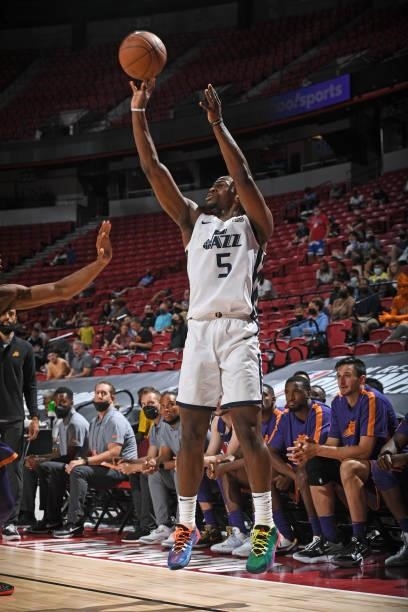 Jarrell Brantley of the Utah Jazz White shoots the ball during the game against the Phoenix Suns during the 2021 Las Vegas Summer League on August 9,...