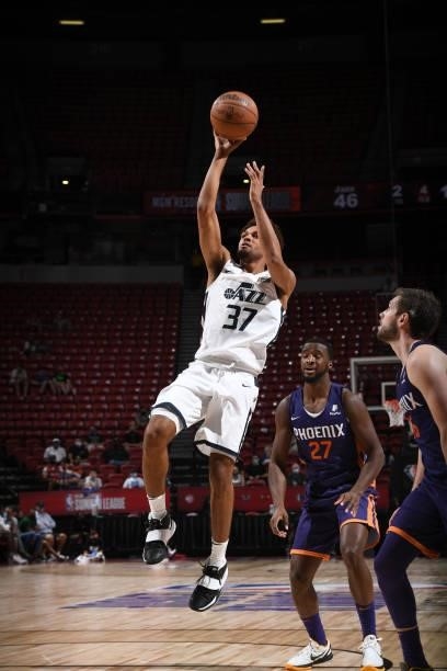 MaCio Teauge of the Utah Jazz shoots the ball during the game against the Phoenix Suns during the 2021 Las Vegas Summer League on August 9, 2021 at...