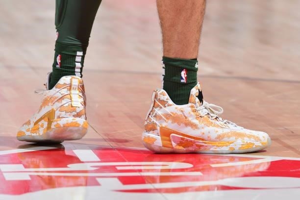 The sneakers worn by Jordan Nwora of the Milwaukee Bucks against the LA Clippers during the 2021 Las Vegas Summer League on August 9, 2021 at the Cox...