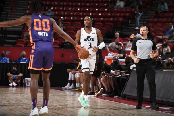 Trent Forrest of the Utah Jazz dribbles during the game against the Phoenix Suns during the 2021 Las Vegas Summer League on August 9, 2021 at the...