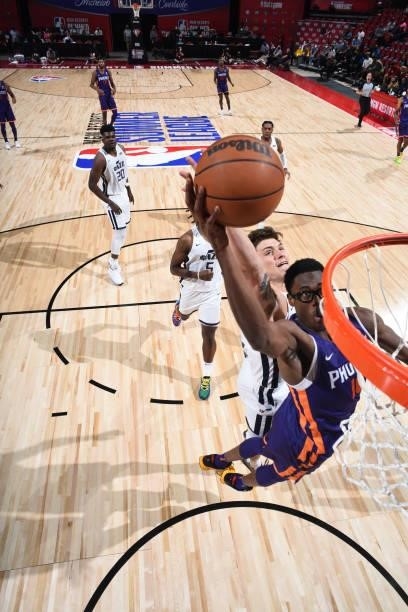Jalen Smith of the Phoenix Suns drives to the basket during the game against the Utah Jazz during the 2021 Las Vegas Summer League on August 9, 2021...