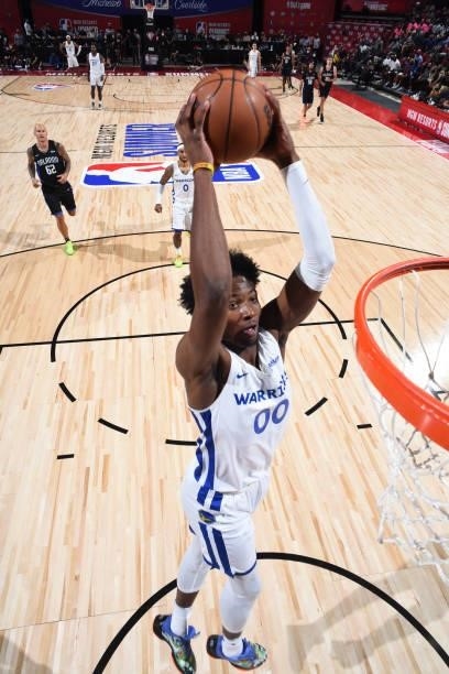 Jonathan Kuminga of the Golden State Warriors dunks the ball against the Orlando Magic during the 2021 Las Vegas Summer League on August 9, 2021 at...