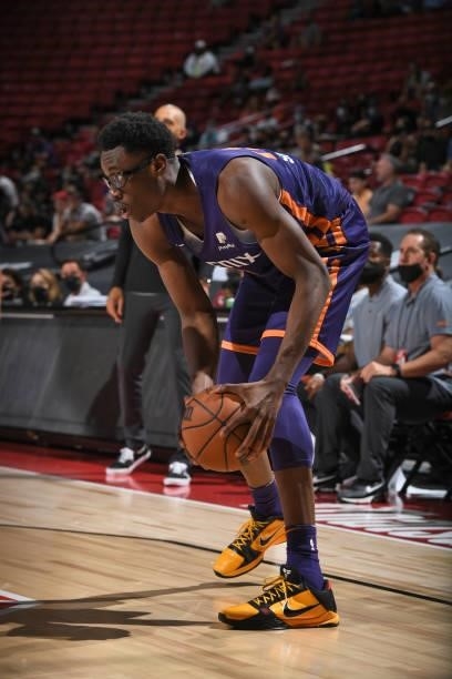 Jalen Smith of the Phoenix Suns dribbles during the game against the Utah Jazz during the 2021 Las Vegas Summer League on August 9, 2021 at the...