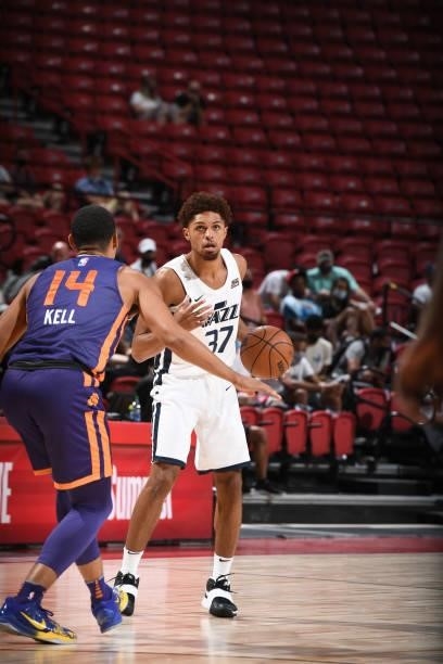 MaCio Teauge of the Utah Jazz dribbles during the game against the Phoenix Suns during the 2021 Las Vegas Summer League on August 9, 2021 at the...