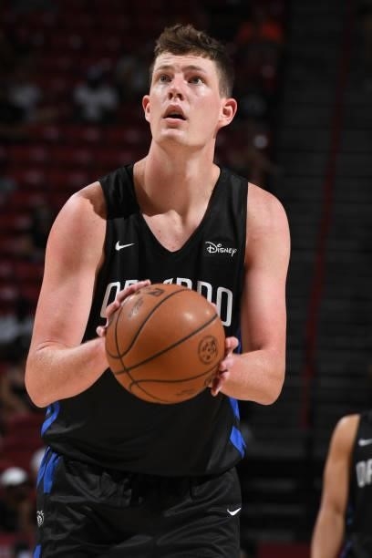 Jon Teske of the Orlando Magic shoots the ball against the Golden State Warriors during the 2021 Las Vegas Summer League on August 9, 2021 at the...