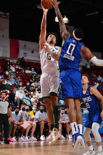 Jordan Nwora of the Milwaukee Bucks drives to the basket against the LA Clippers during the 2021 Las Vegas Summer League on August 9, 2021 at the Cox...