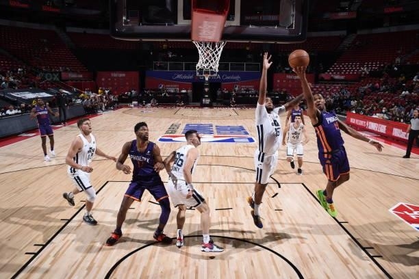 Justin Simon of the Phoenix Suns shoots the ball during the game against the Utah Jazz during the 2021 Las Vegas Summer League on August 9, 2021 at...