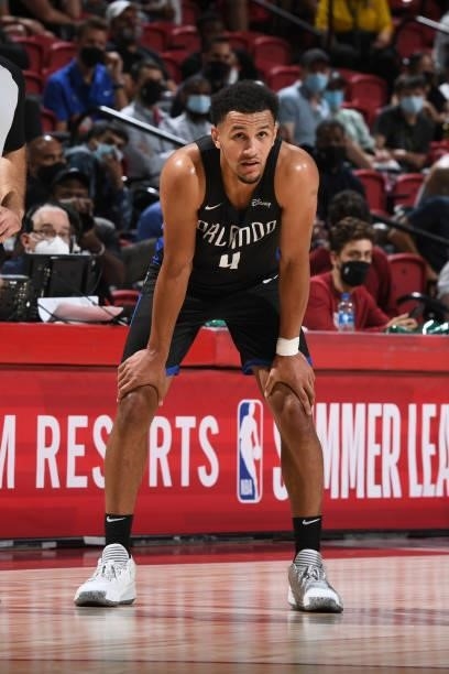 Jalen Suggs of the Orlando Magic looks on during the game against the Golden State Warriors during the 2021 Las Vegas Summer League on August 9, 2021...