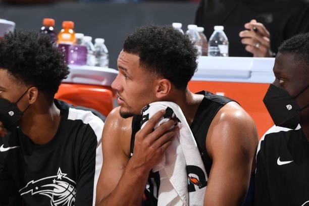 Jalen Suggs of the Orlando Magic looks on during the game against the Golden State Warriors during the 2021 Las Vegas Summer League on August 9, 2021...