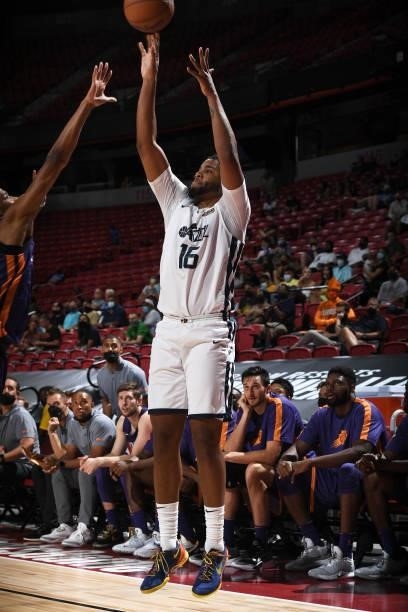 Juwan Morgan of the Utah Jazz shoots the ball during the game against the Phoenix Suns during the 2021 Las Vegas Summer League on August 9, 2021 at...