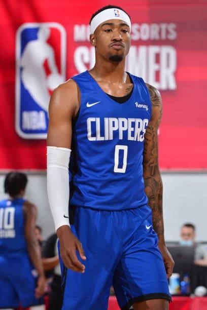 Jay Scrubb of the LA Clippers looks on against the Milwaukee Bucks during the 2021 Las Vegas Summer League on August 9, 2021 at the Cox Pavilion in...