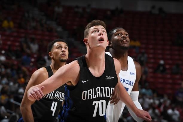 Jon Teske of the Orlando Magic looks on against the Golden State Warriors during the 2021 Las Vegas Summer League on August 9, 2021 at the Thomas &...